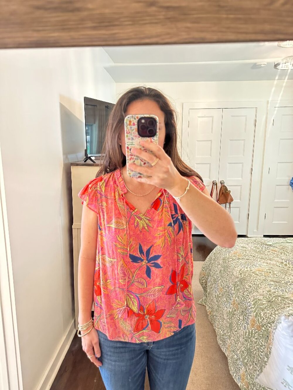Rose + Olive Pink Floral Tropical Flutter Sleeve Blouse Top | Size Small